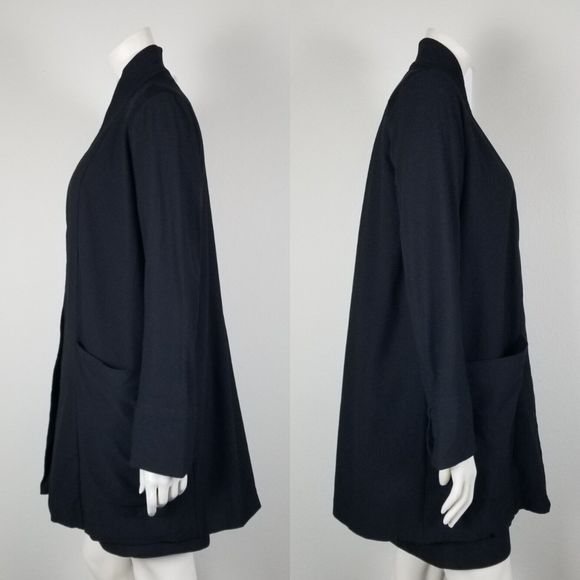 Eileen Fisher Black Viscose Blend Ponte Jersey Minimalist Longline Cardigan Sz M - Picture 2 of 14